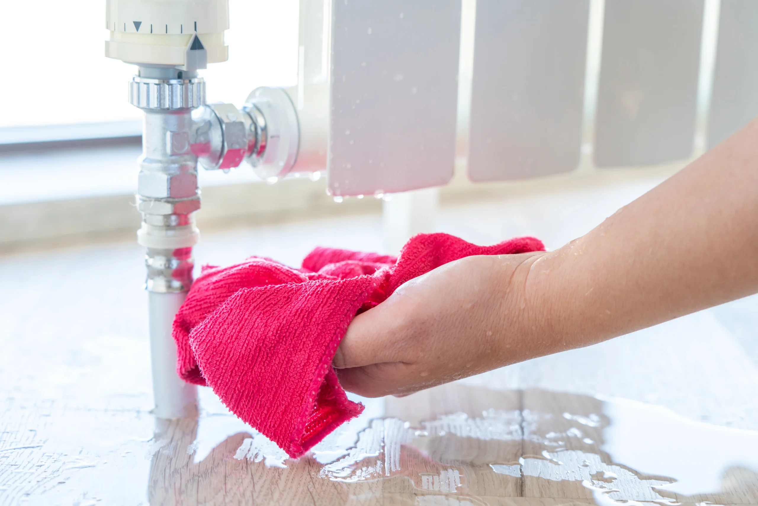 Person holding a pink cloth under a radiator dripping water